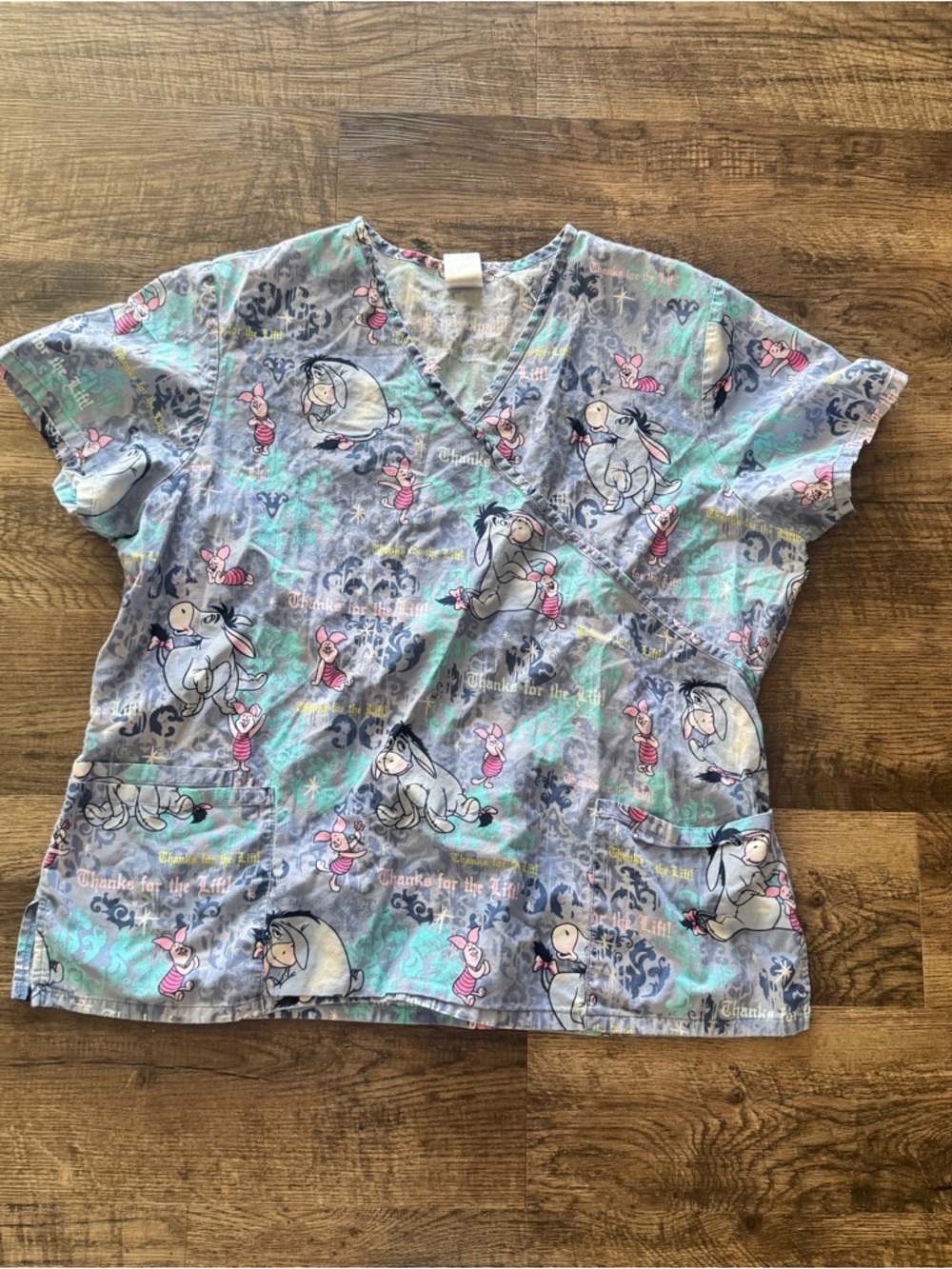Disney Gray Eeyore & Piglet V-Neck Scrub Top with Pink Accents